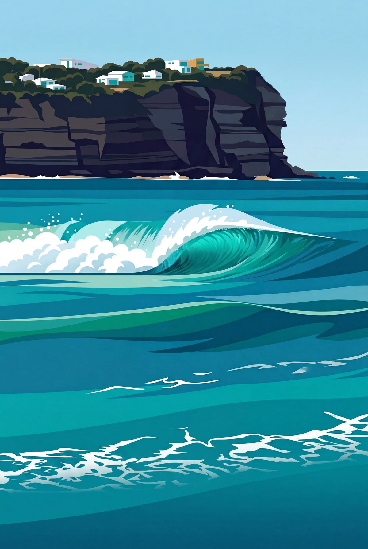 A stylized Macmasters Beach coastal photo showing a turquoise ocean wave with white foam, a dark rocky cliff topped with small houses, and a pale blue sky. From Coast & Compass. Original Art work by Andrew Batey