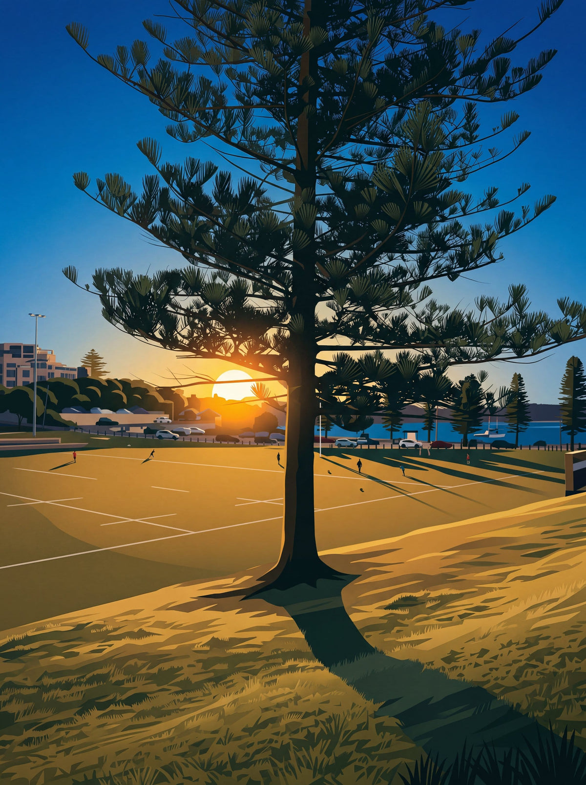 A stylized photo of a coastal landscape at sunset, featuring a prominent pine tree in the foreground casting a long shadow over a beachside court, with a blue sky and ocean in the background. From Coast & Compass. Original Art work by Andrew Batey