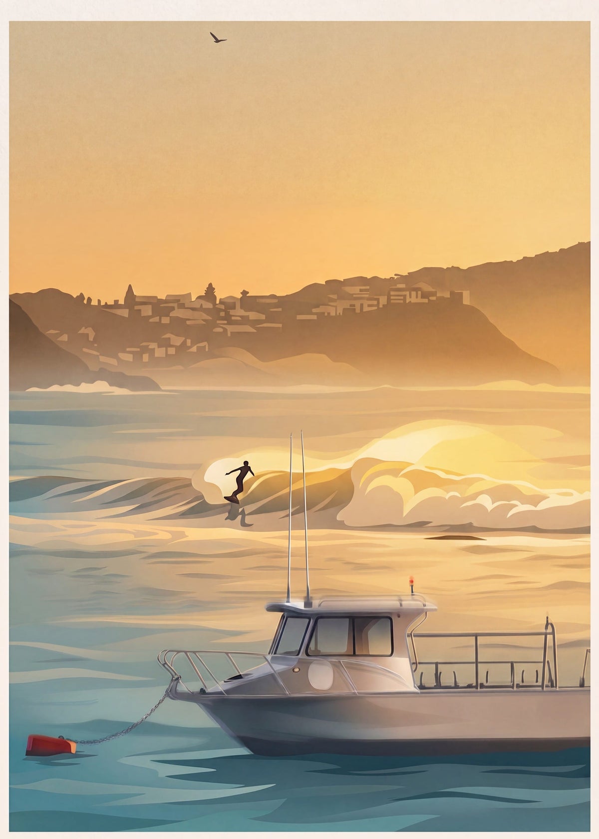 A stylized coastal sunset photo at Terrigal showing a boat in the foreground, ocean waves, a surfer riding a wave, and a hillside town in the background under a warm golden sky. From Coast & Compass. Original Art work by Andrew Batey