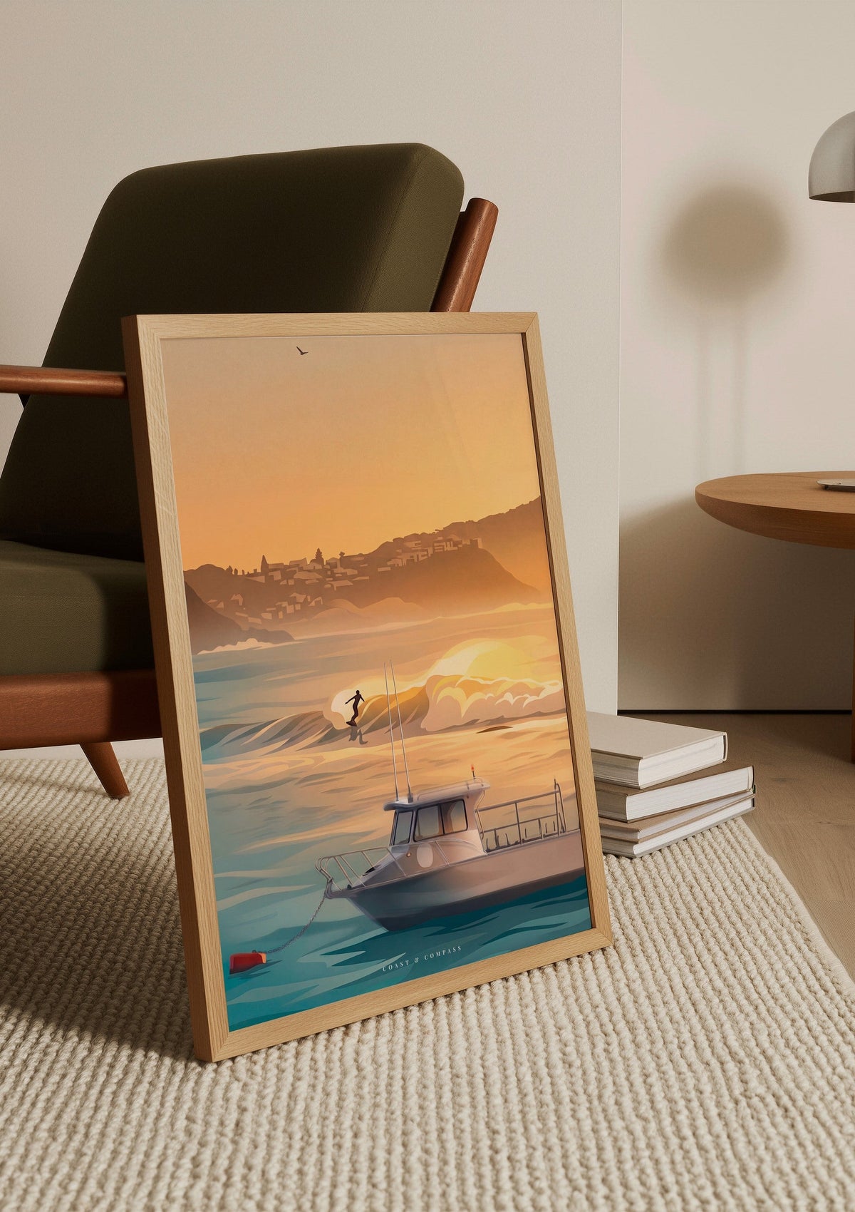 A stylized Terrigal coastal beach scene with blue ocean waves, white surf, sandy shore, trees, and buildings on a cliff in the distance under a clear blue sky.