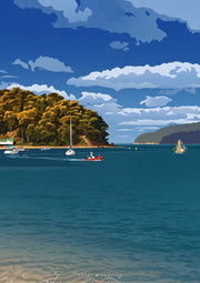 Bay Crossing — illustrated bay at Patonga, with a red boat crossing past moored yachts toward a headland of Ku-ring-gai Chase National Park under a deep blue sky and white cloud