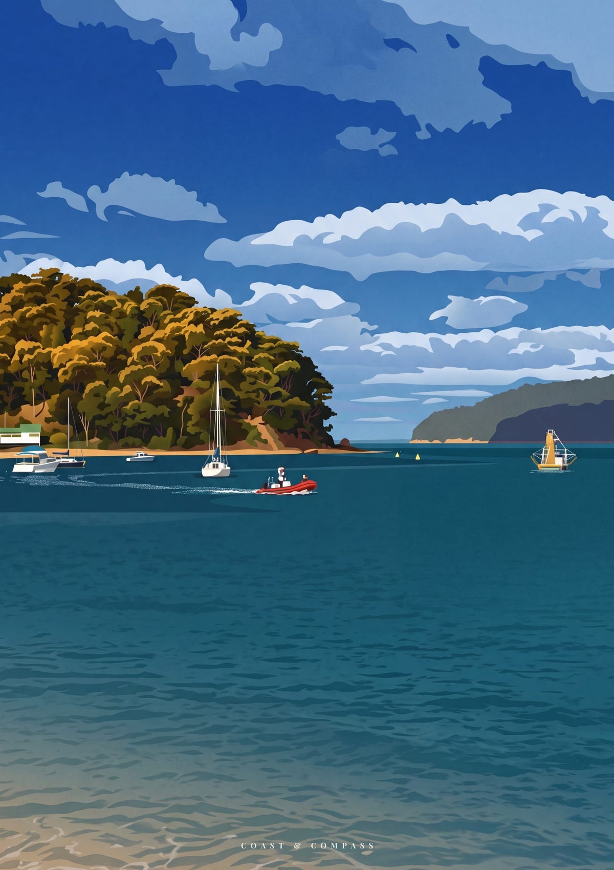 Bay Crossing — illustrated bay at Patonga, with a red boat crossing past moored yachts toward a headland of Ku-ring-gai Chase National Park under a deep blue sky and white cloud