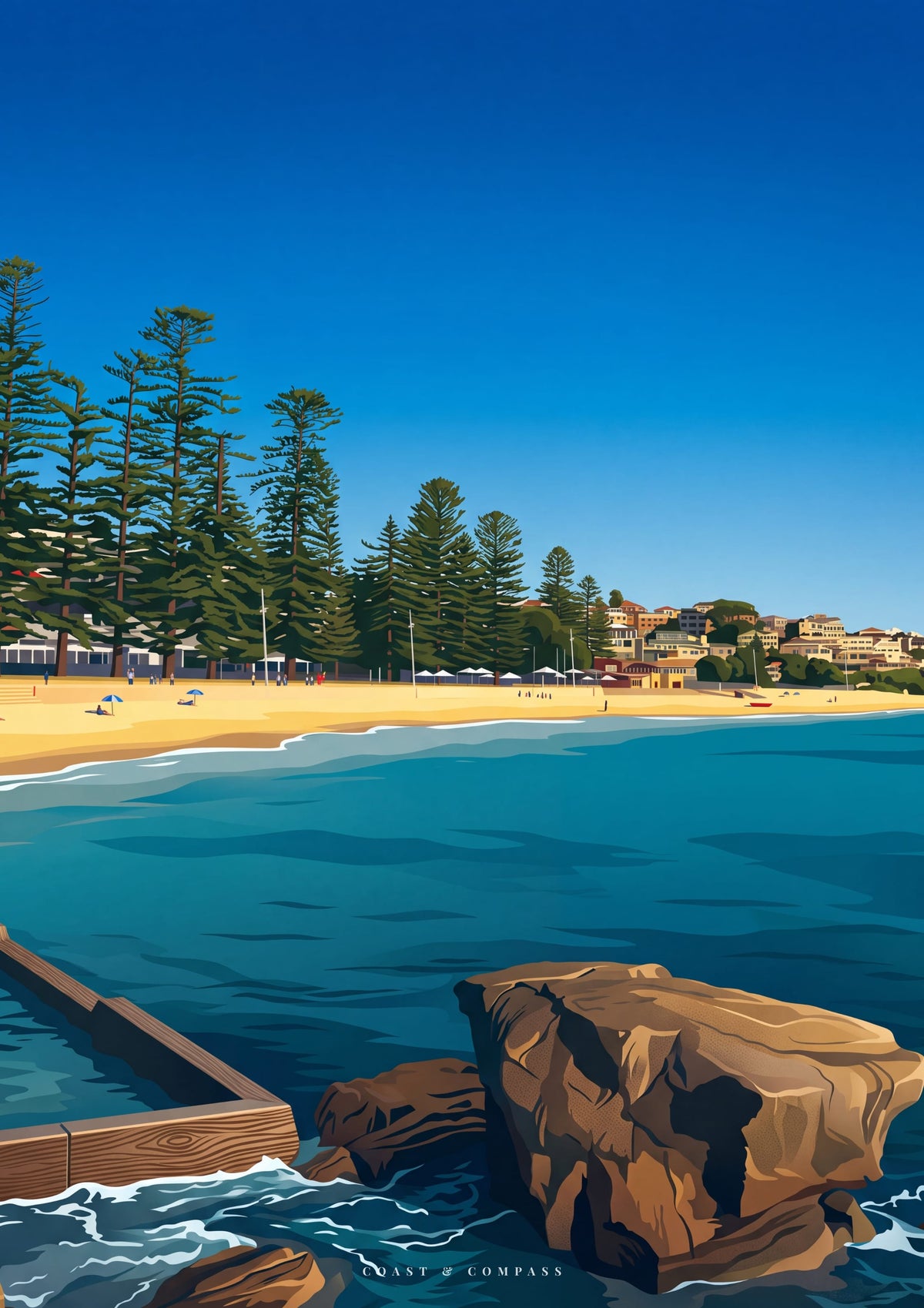 Pine Shore — illustrated Norfolk pines along Terrigal Beach, seen across deep blue water past a sandstone boulder and the remains of the old Terrigal Ocean Baths