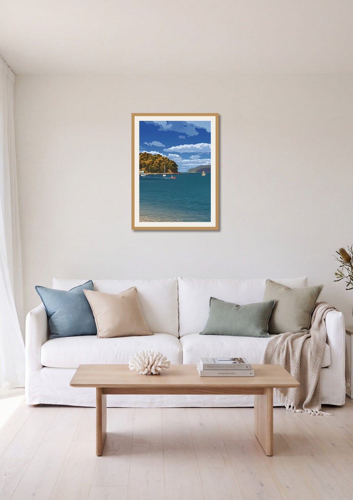 Bay Crossing print shown at A1 size on a living room wall