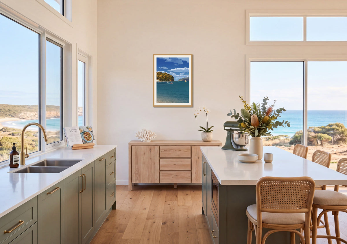 Bay Crossing print shown at A1 size on a kitchen wall