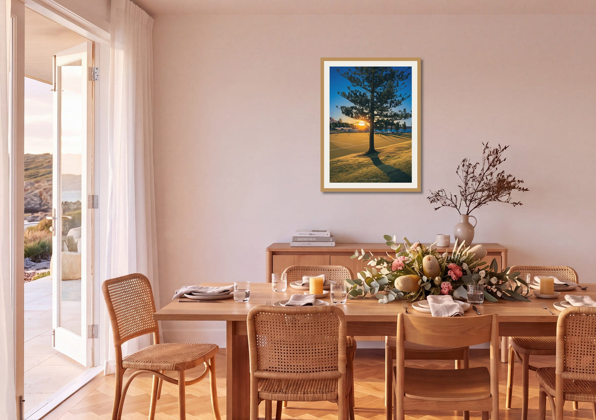 Sunset Shadows print shown at A1 size on a dining room wall