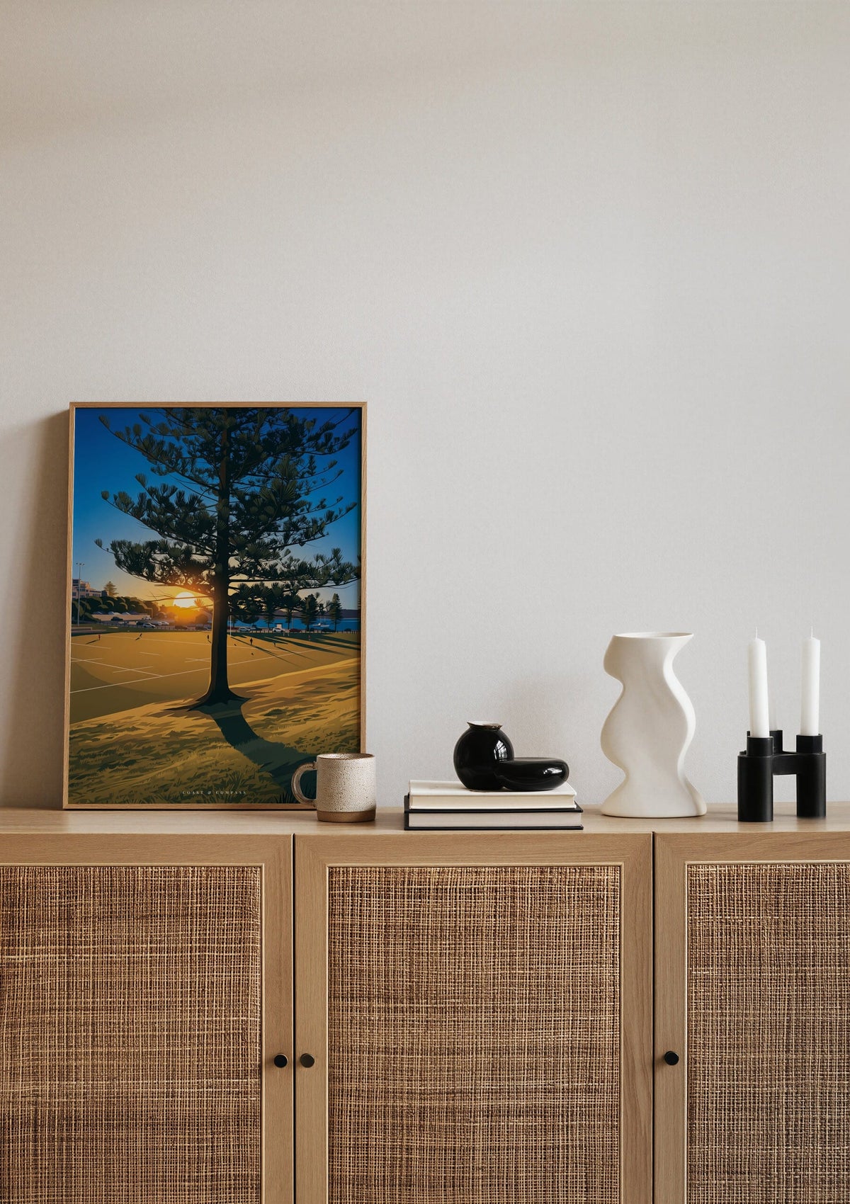 Sunset Shadows print shown resting on a sideboard