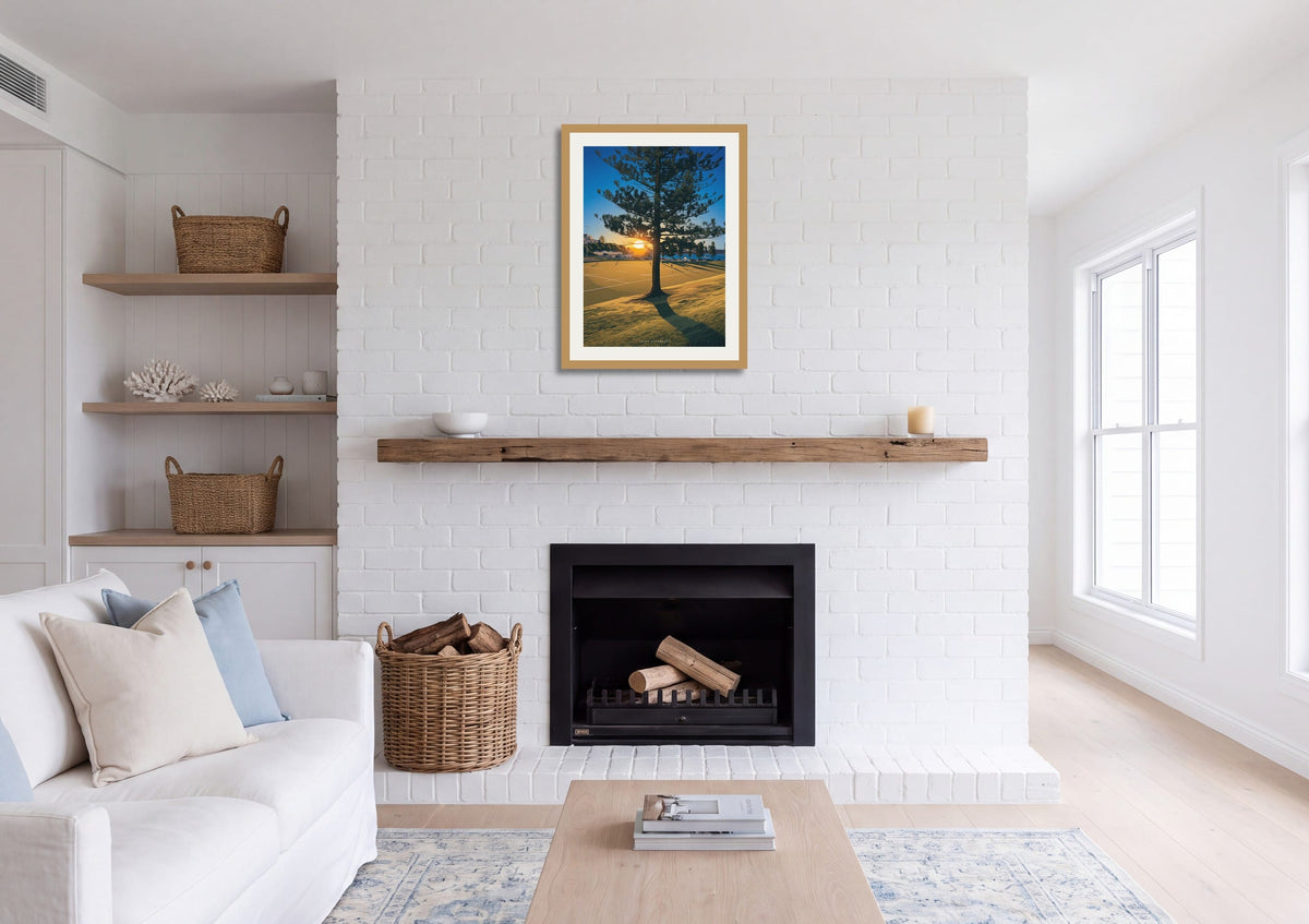 Sunset Shadows print shown at A2 size above a fireplace mantel