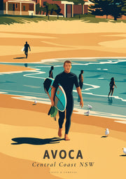 Avoca Beach Surfer travel poster — a lone surfer returning from a morning surf, board under arm, Central Coast NSW