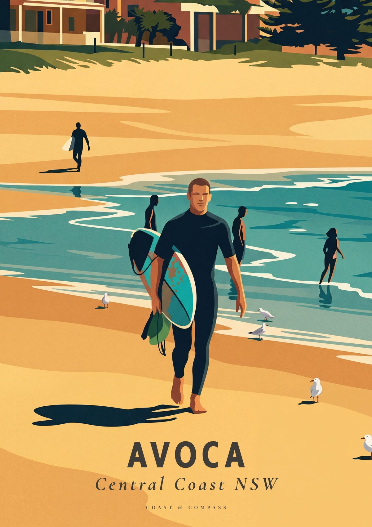 Avoca Beach Surfer travel poster — a lone surfer returning from a morning surf, board under arm, Central Coast NSW