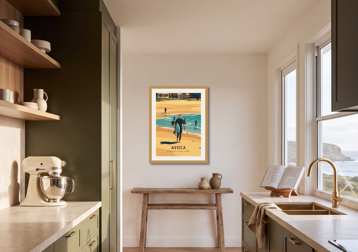 Avoca Beach Surfer travel poster shown at A2 size in a galley kitchen