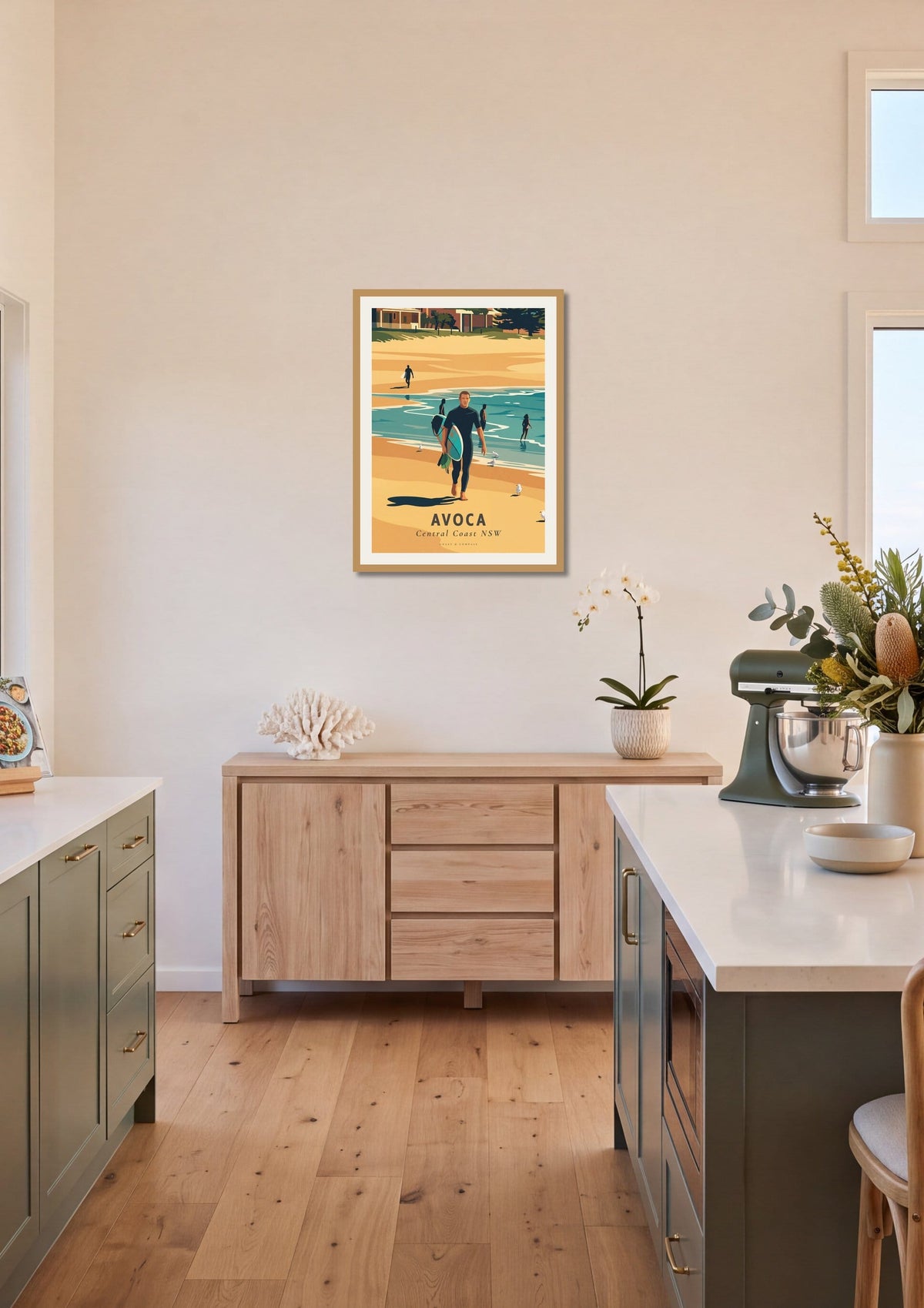 Avoca Beach Surfer travel poster shown at A1 size on a kitchen wall