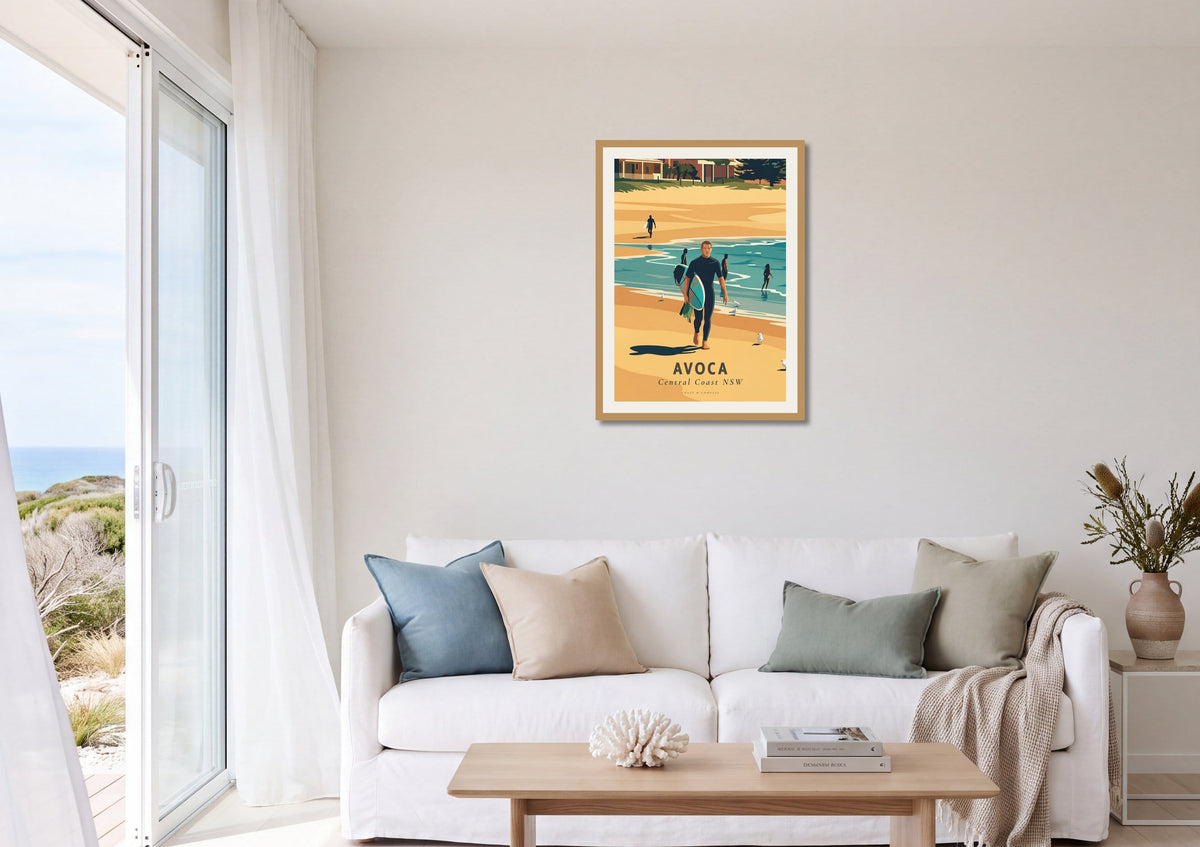 Avoca Beach Surfer travel poster shown at A1 size on a living room wall
