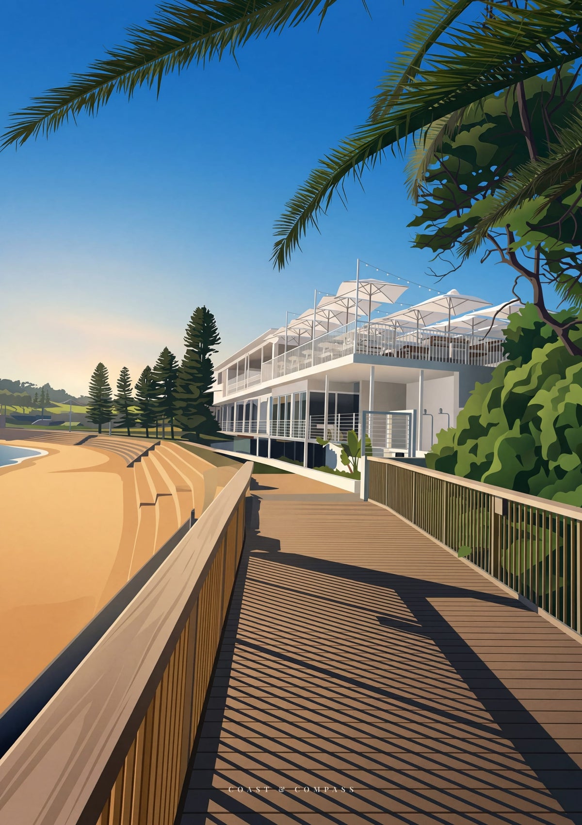 Boardwalk Light — a timber boardwalk in late sun with a surf club beyond at Terrigal, Central Coast NSW