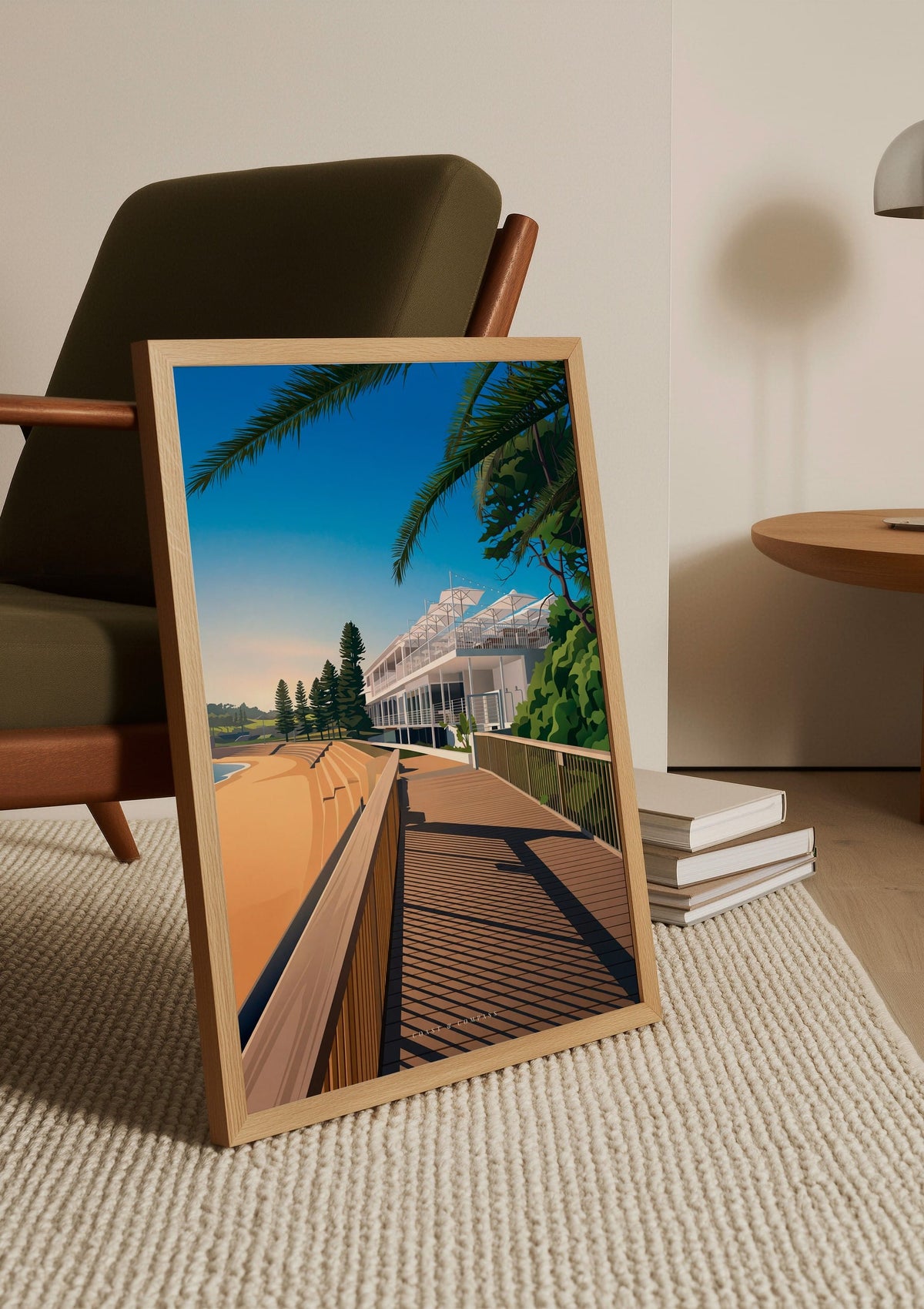 Boardwalk Light print shown unframed, leaning against a chair