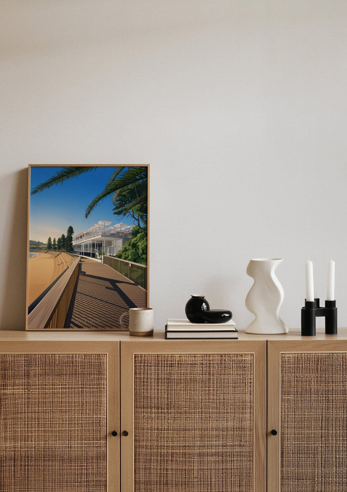 Boardwalk Light print shown resting on a sideboard