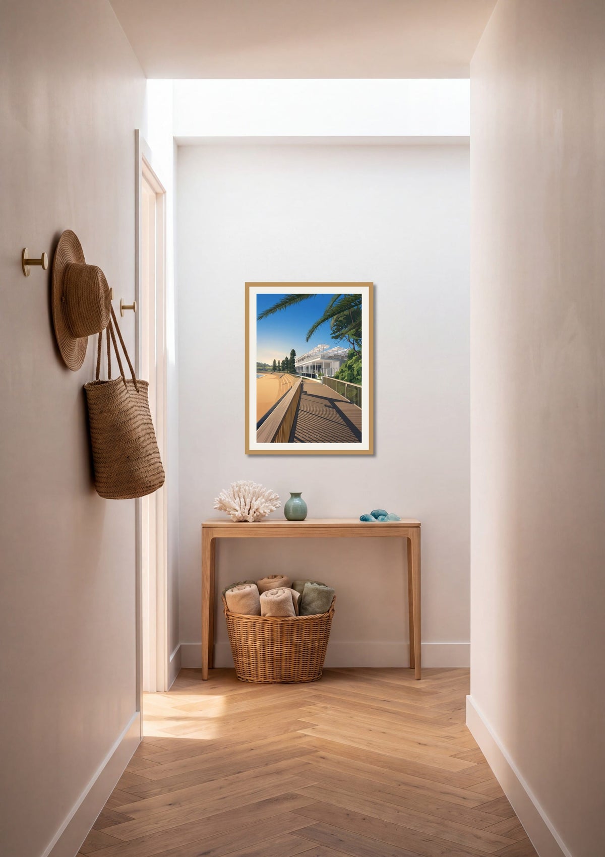 Boardwalk Light print shown at A1 size on a hallway wall