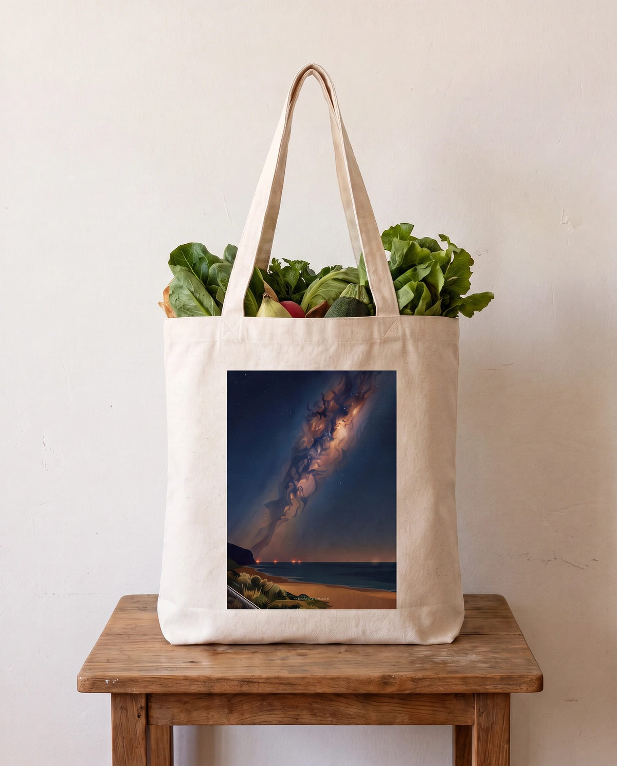 Coast & Compass Midnight Bloom tote bag packed with fresh groceries, cream cotton canvas printed with the Midnight Bloom artwork