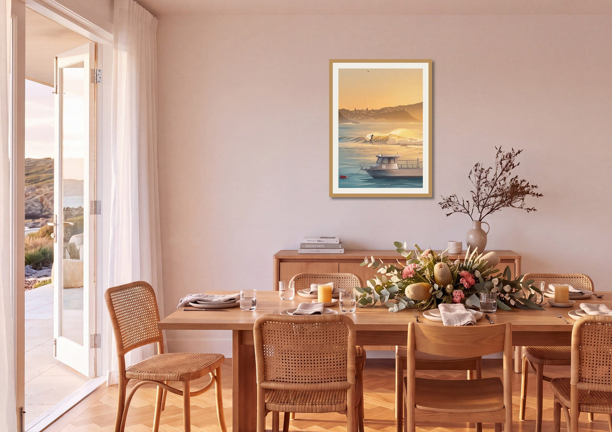 Dawn Patrol print shown at A1 size on a dining room wall