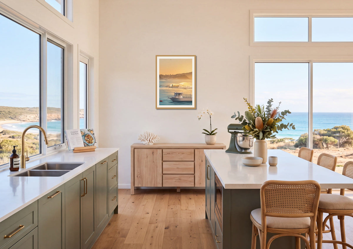 Dawn Patrol print shown at A1 size on a kitchen wall
