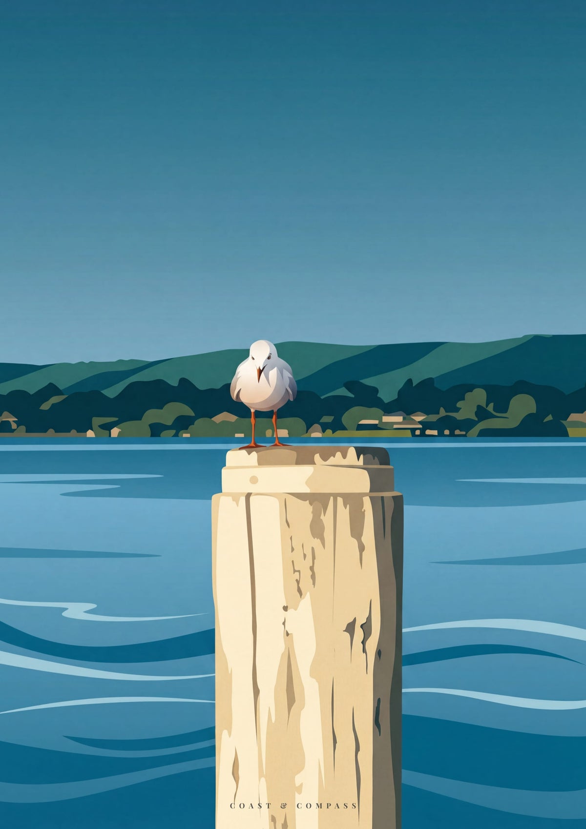 Harbour Watch — a seagull perched on a timber pylon above still water at Saratoga, Central Coast NSW