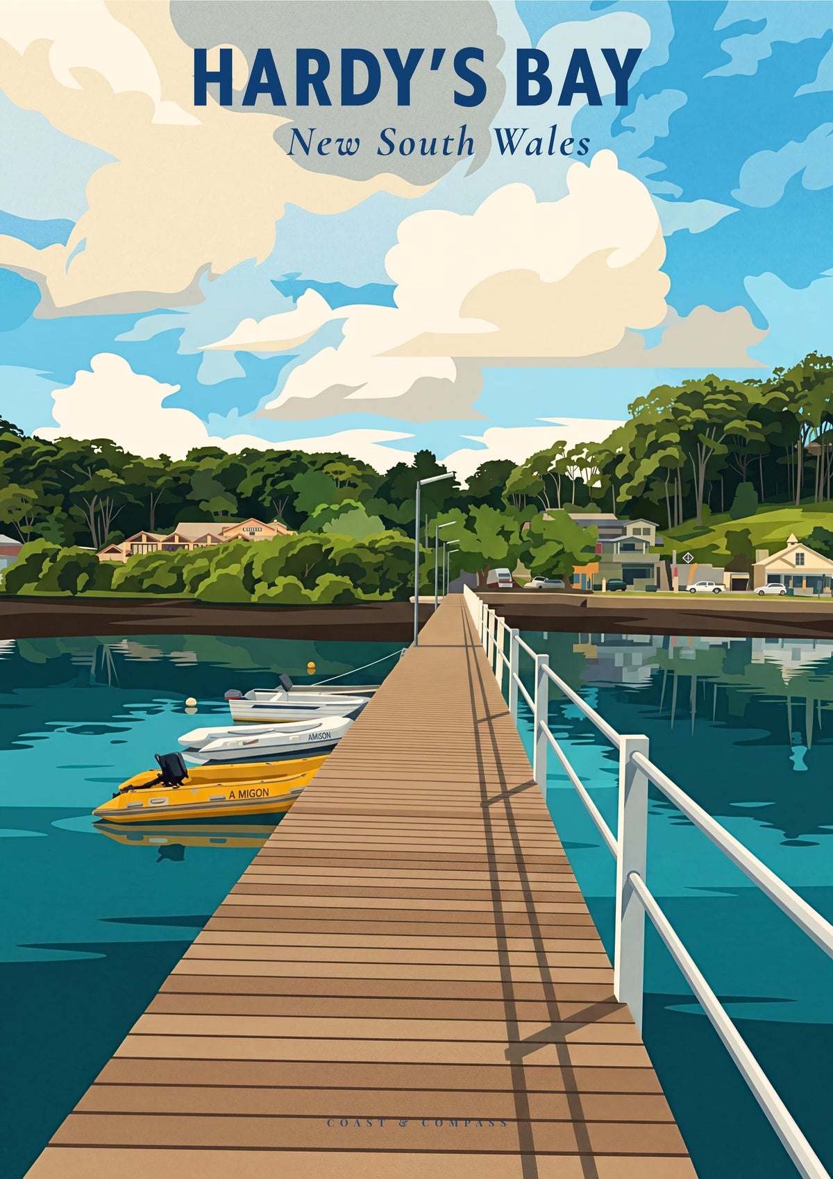 Hardy's Bay travel poster — the view back to the village from the jetty reaching out into the bay, New South Wales