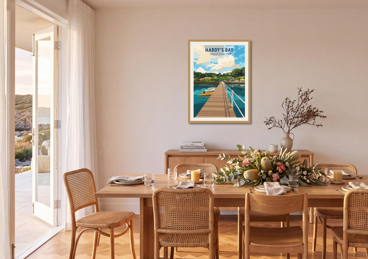 Hardy's Bay travel poster shown at A1 size on a dining room wall