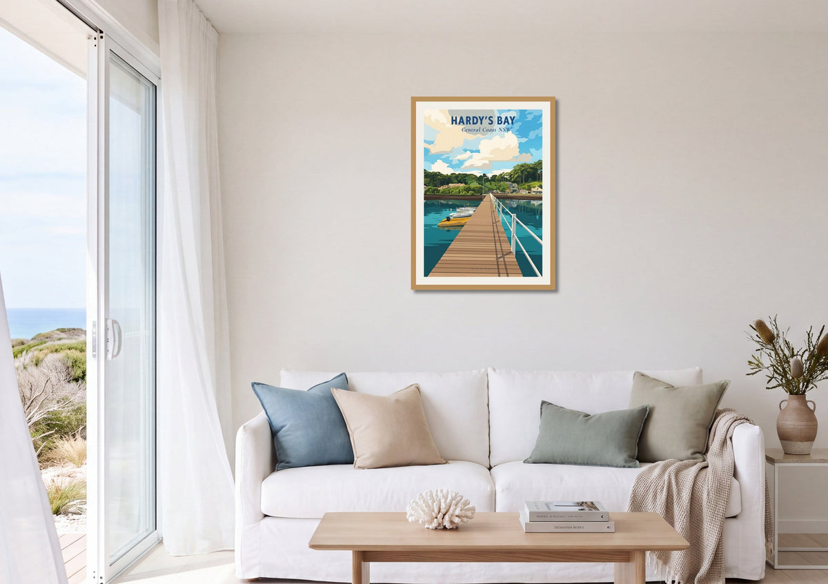 Hardy's Bay travel poster shown at A1 size on a living room wall