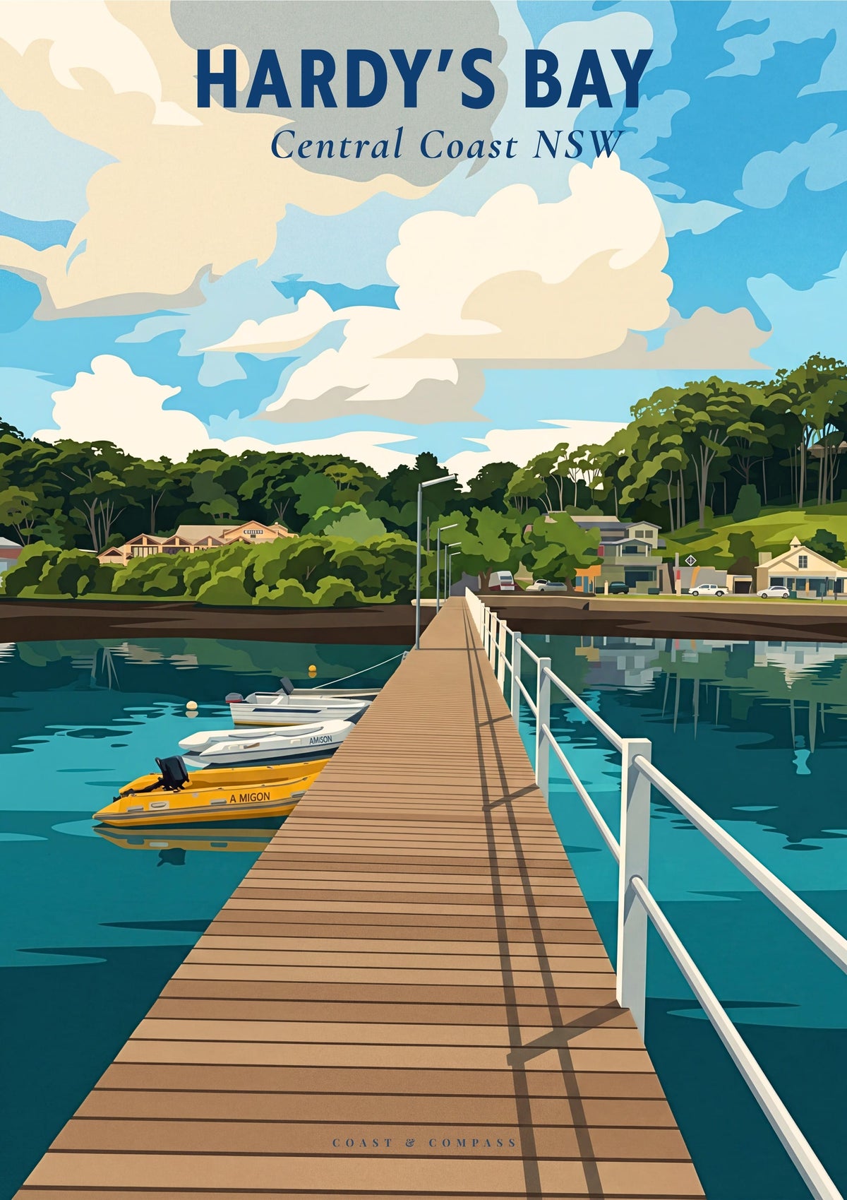 Hardy's Bay travel poster — the view back to the village from the jetty reaching out into the bay, Central Coast NSW