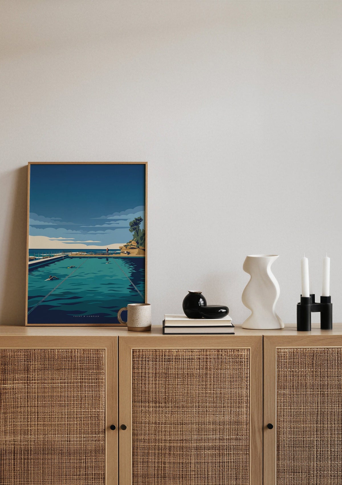 Lap Lines print shown resting on a sideboard