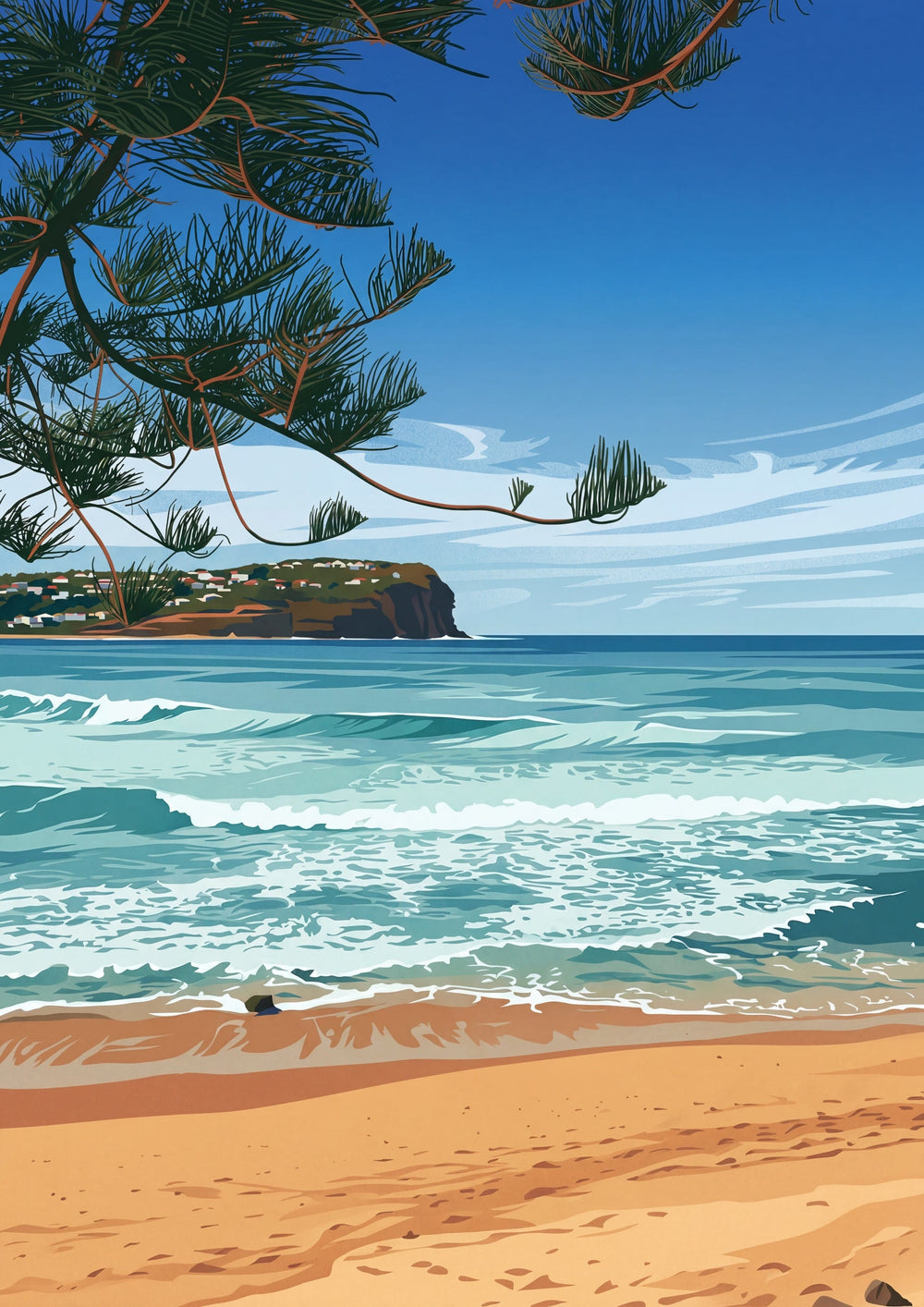 A stylized coastal landscape artwork showing turquoise ocean waves, a sandy beach in the foreground, a rocky cliff in the distance, and pine branches framing the top of the scene under a blue sky. From Coast & Compass.  Original Art work by Andrew Batey