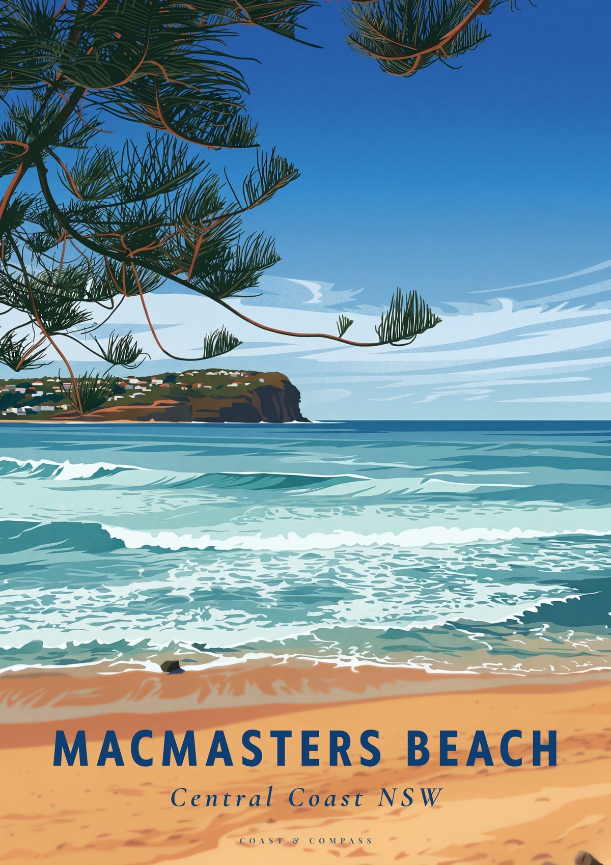 Macmasters Beach travel poster — a Norfolk pine branch framing the surf and the headland beyond, Central Coast NSW