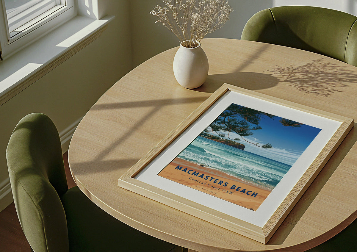 Macmasters Beach travel poster shown unframed and lying flat on a table