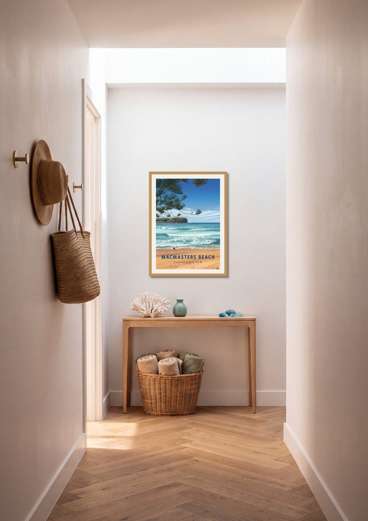 Macmasters Beach travel poster shown at A1 size on a hallway wall