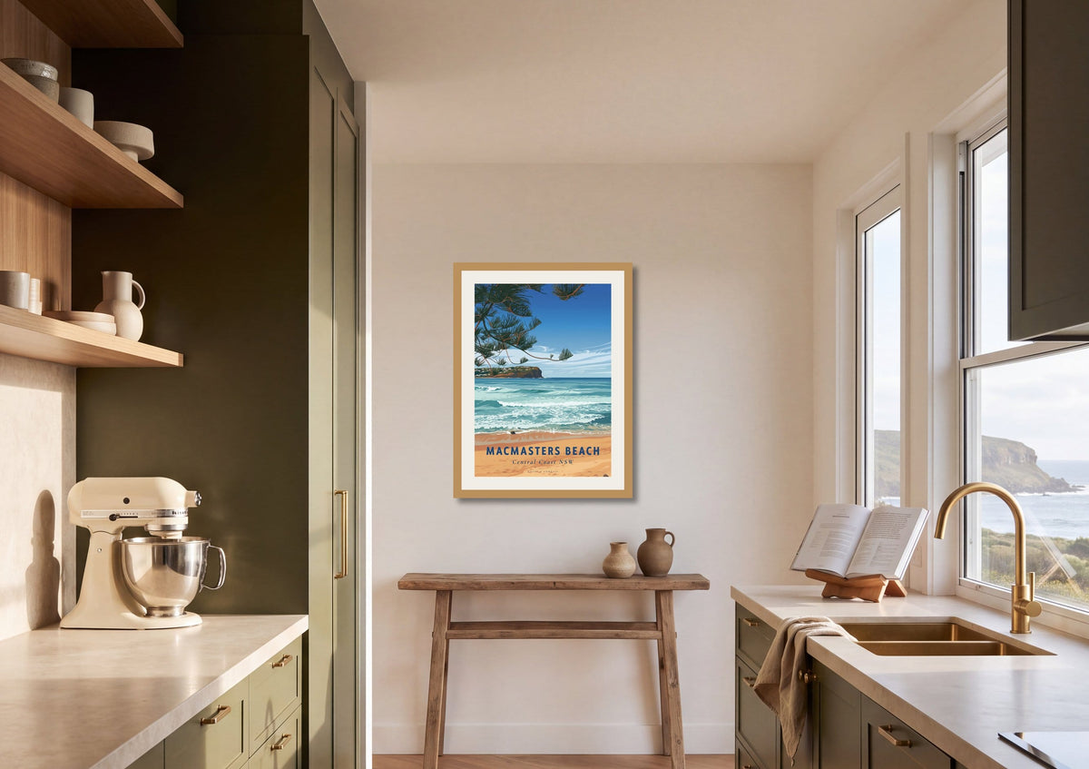Macmasters Beach travel poster shown at A2 size in a galley kitchen