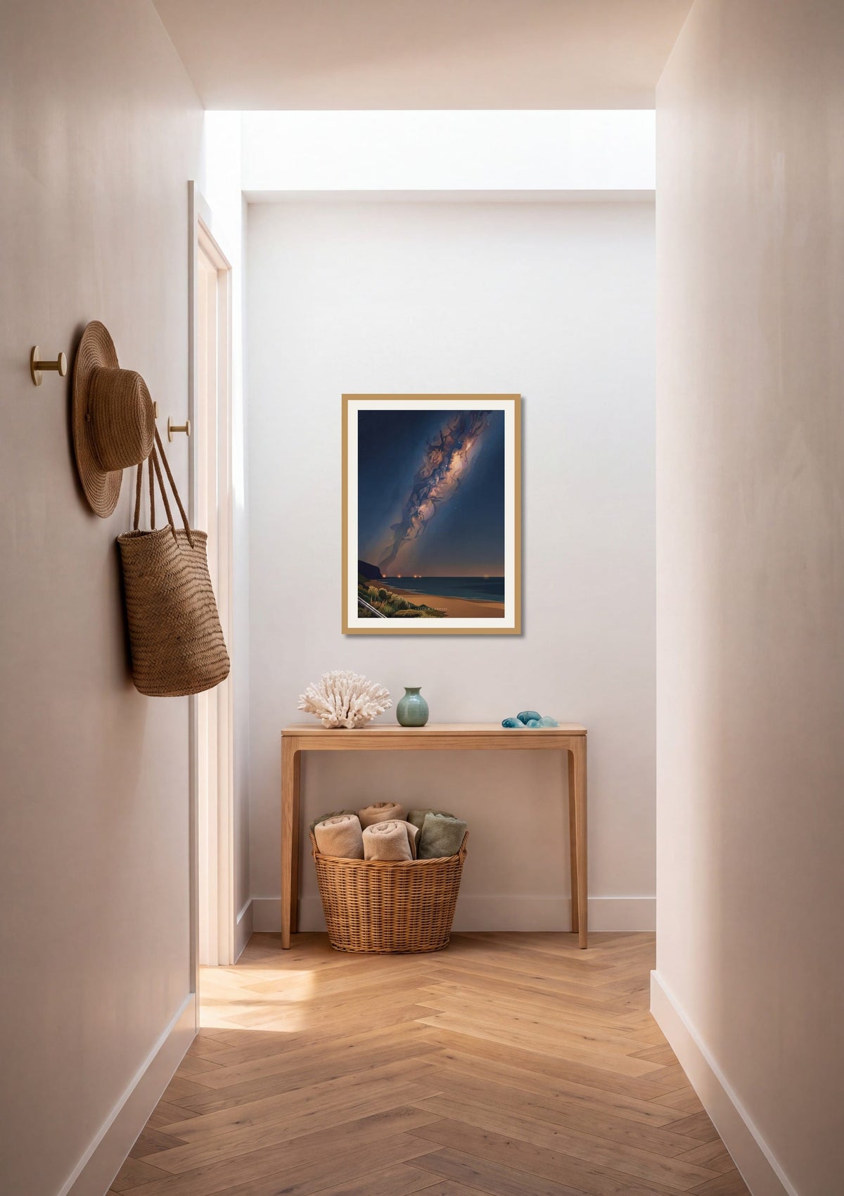 Midnight Bloom print shown at A1 size on a hallway wall