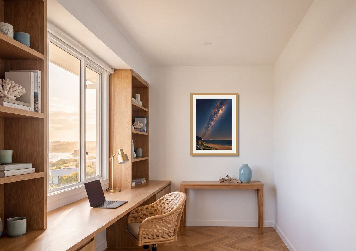 Midnight Bloom print shown at A2 size on a home office wall