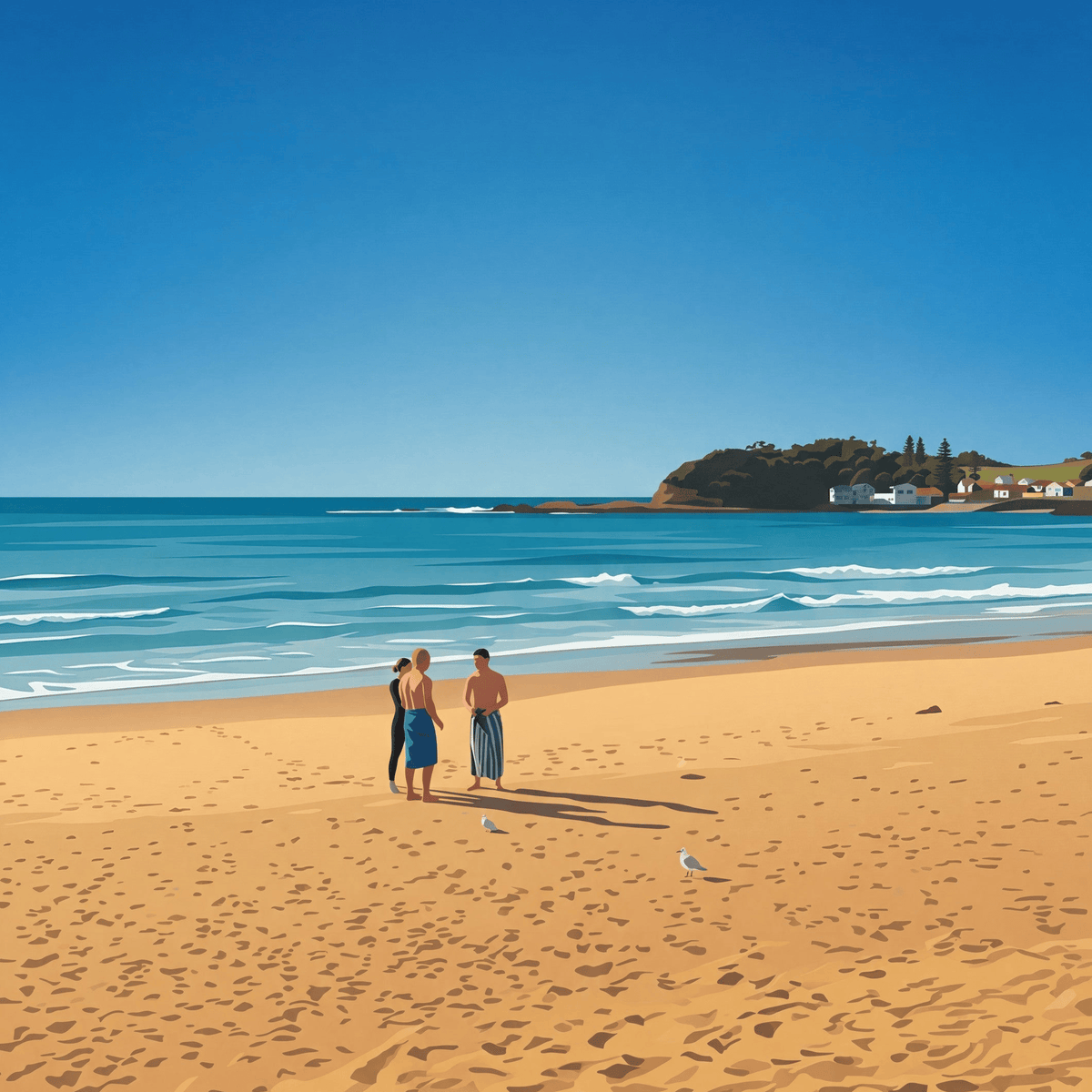 A stylized beach scene with two small people standing on golden sand facing the ocean. The background shows blue water, a distant green headland with a few houses, and a clear blue sky. From Coast & Compass.  Original Art work by Andrew Batey