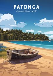 Patonga travel poster — a dinghy on the sand at Patonga Beach, Central Coast NSW