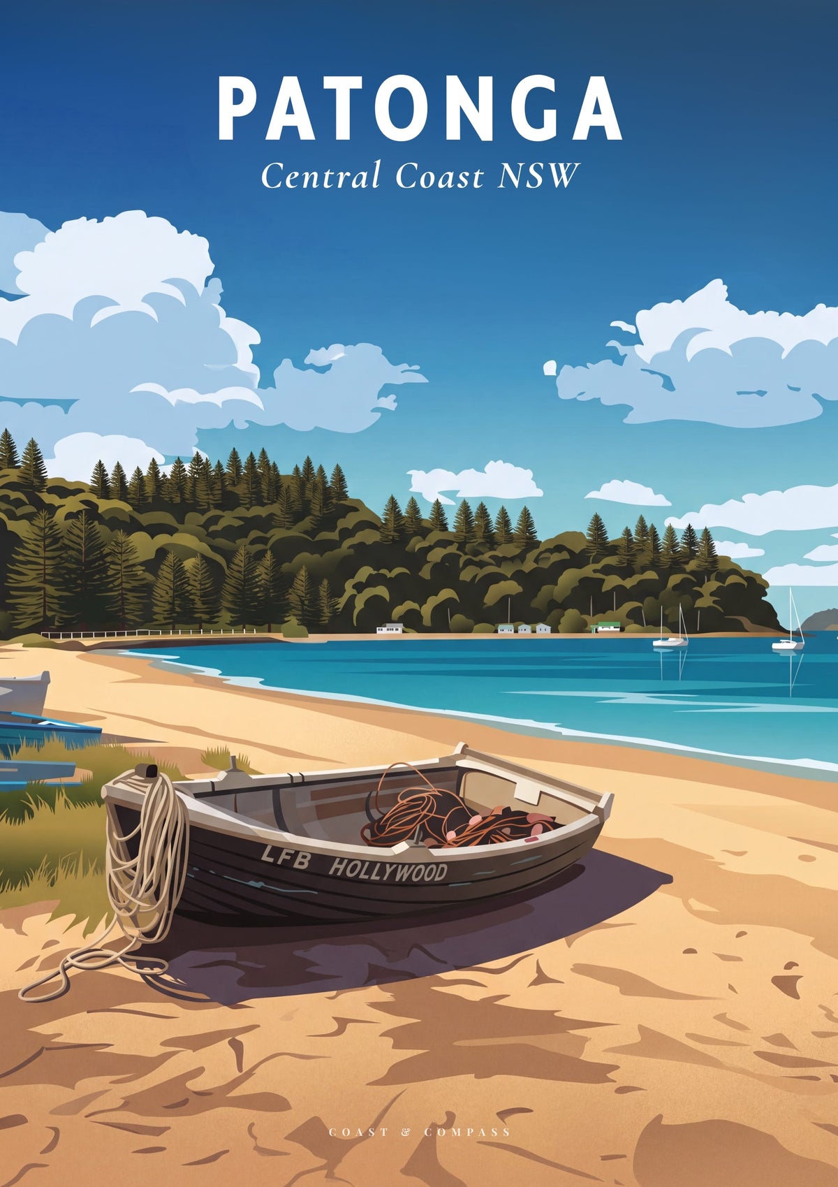 Patonga travel poster — a dinghy on the sand at Patonga Beach, Central Coast NSW