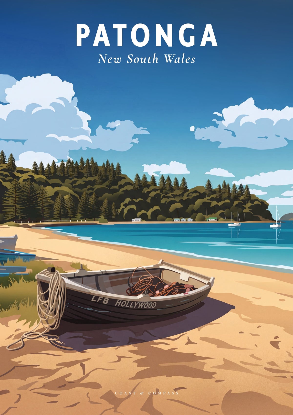 Patonga travel poster — a dinghy on the sand at Patonga Beach, New South Wales