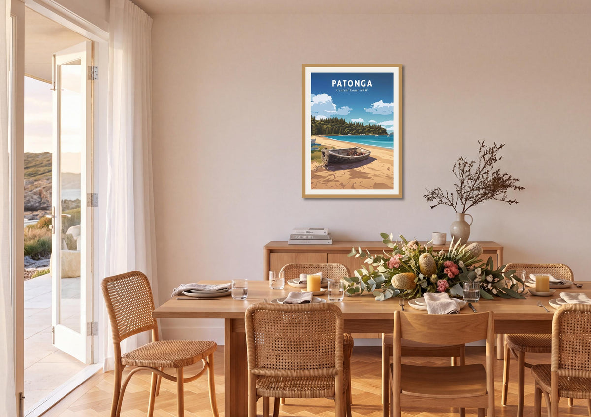 Patonga travel poster shown at A1 size on a dining room wall