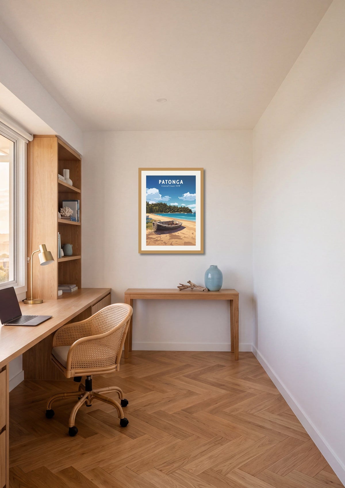 Patonga travel poster shown at A2 size on a home office wall