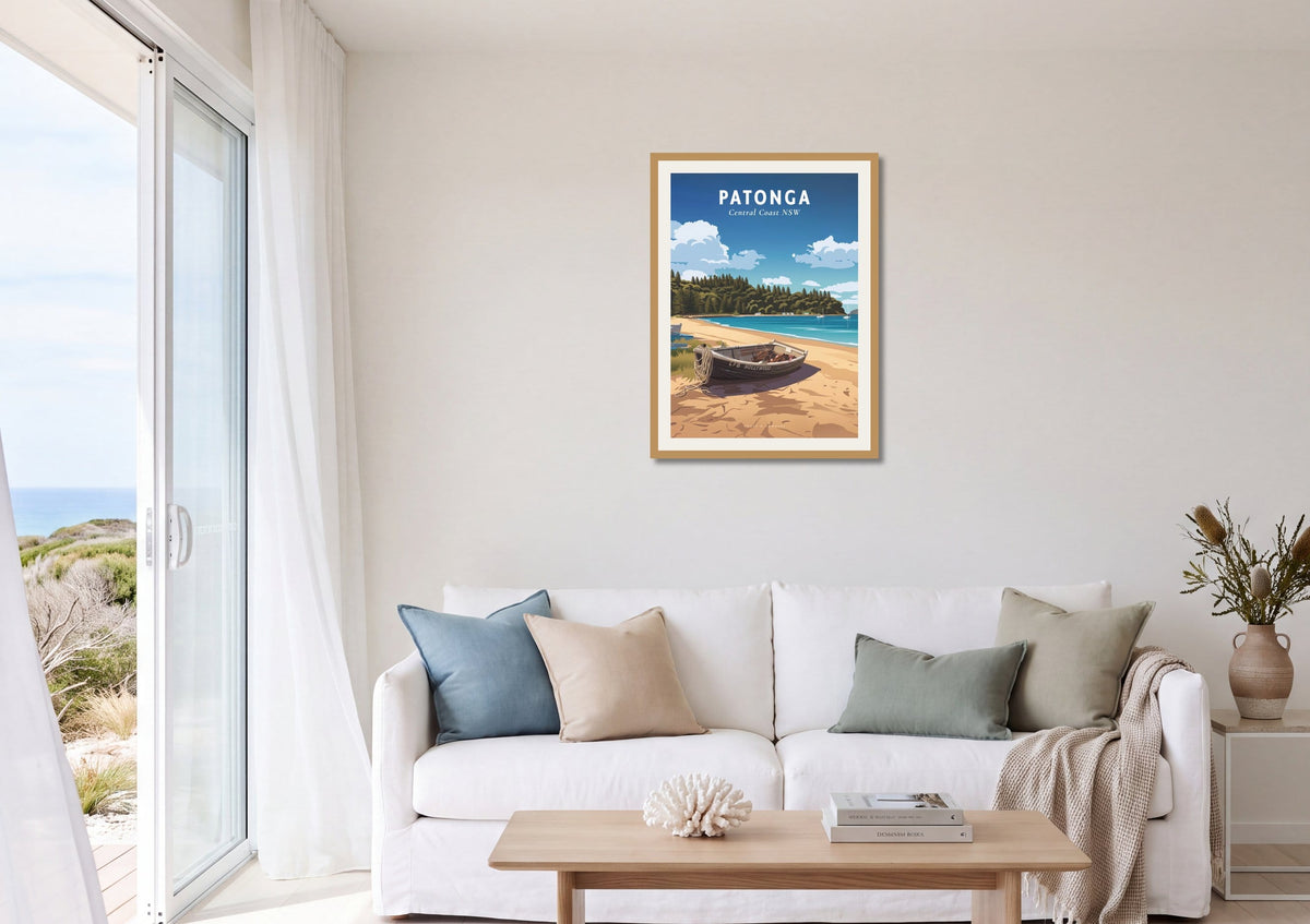 Patonga travel poster shown at A1 size on a living room wall