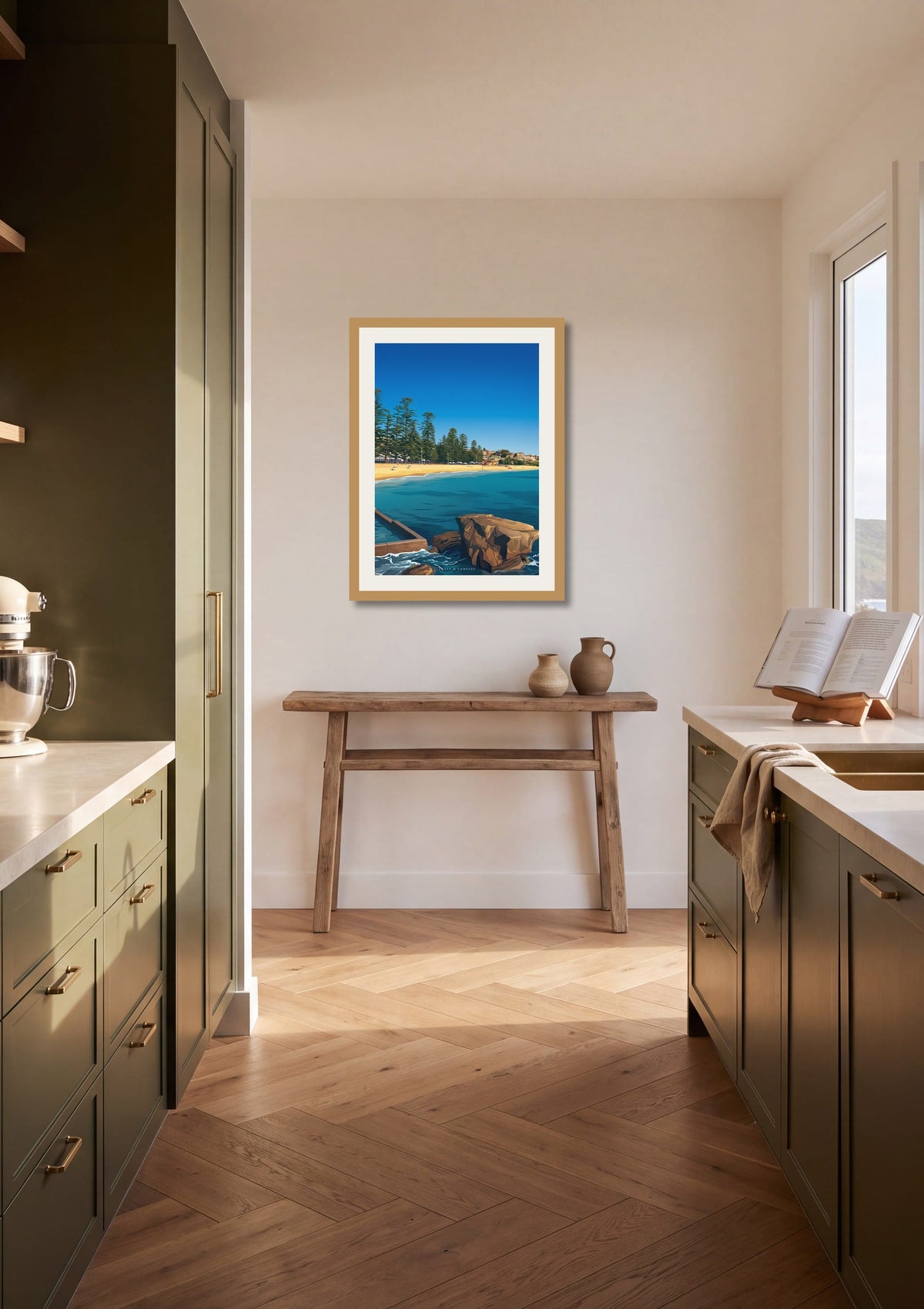 Pine Shore print shown at A2 size in a galley kitchen