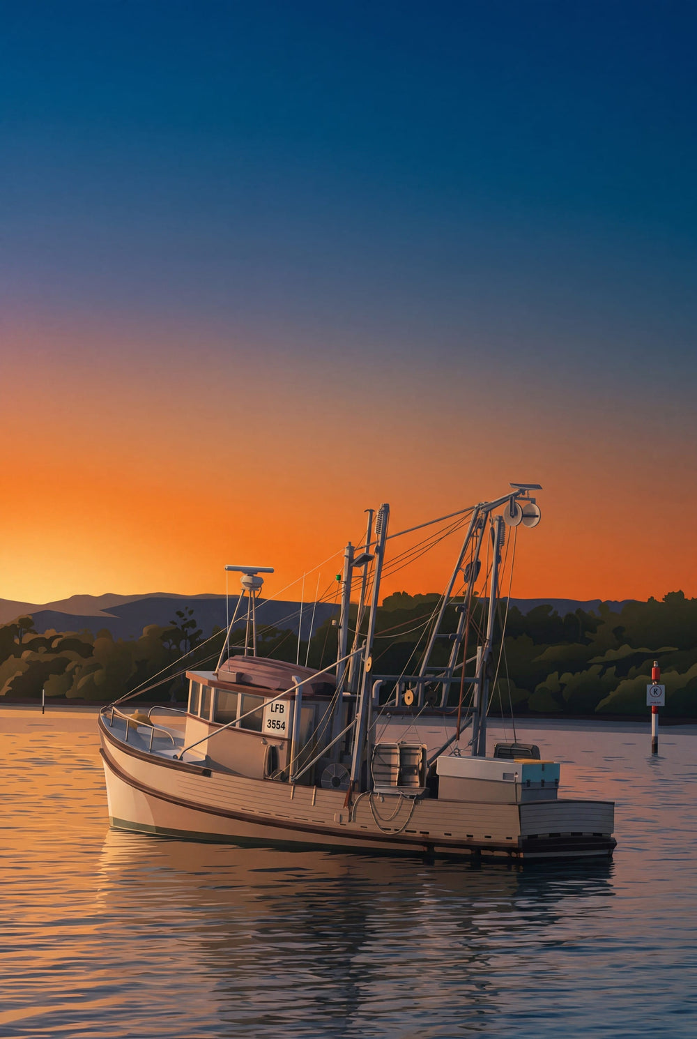 A fishing boat floats on calm water at sunset, with an orange and blue sky, distant shoreline, and reflections on the water surface. From Coast & Compass.  Original Art work by Andrew Batey