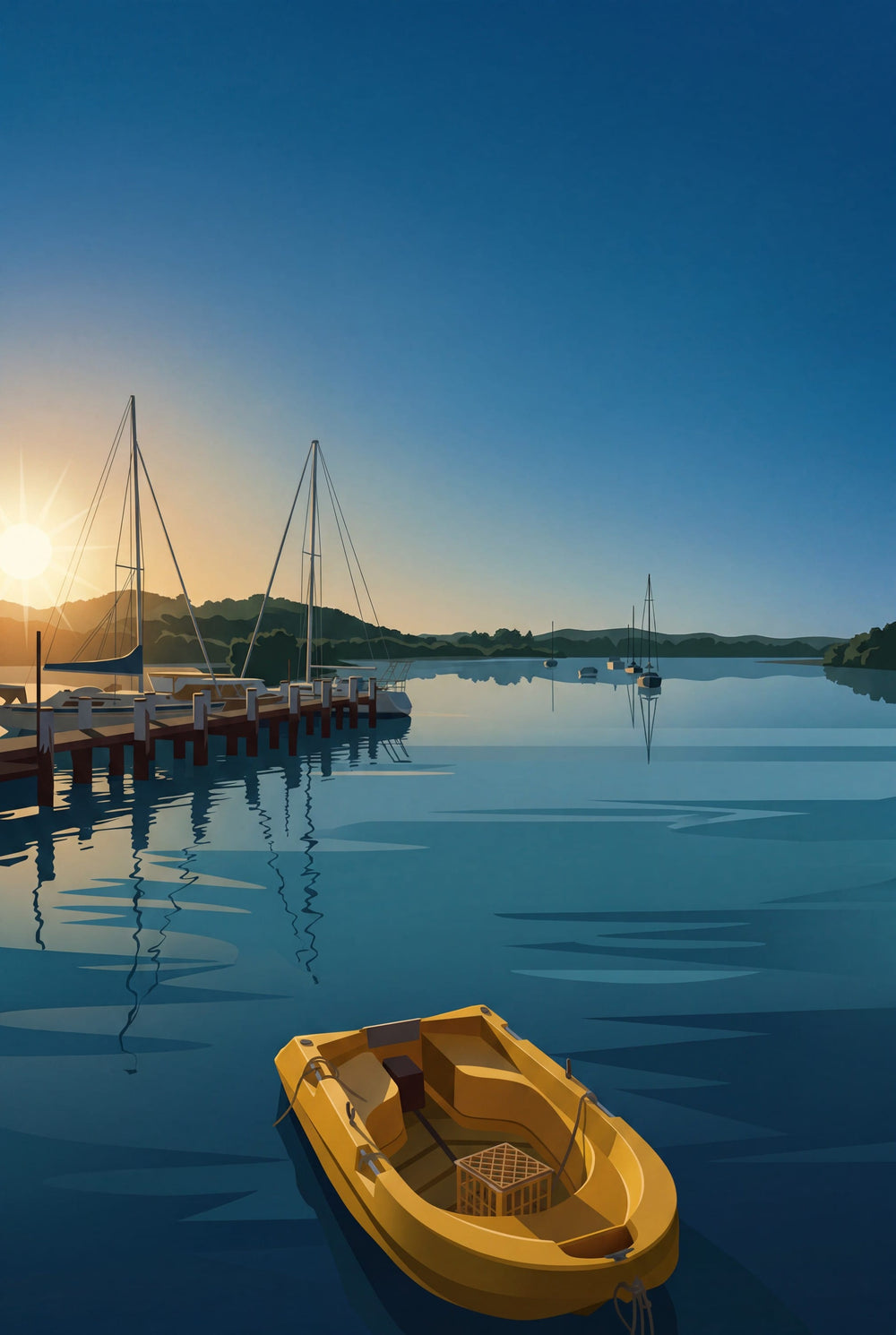 A serene Saratoga harbour scene at sunrise with calm blue water, a yellow rowboat in the foreground, a wooden dock with sailboats, and distant hills under a clear blue sky. From Coast & Compass.  Original Art work by Andrew Batey
