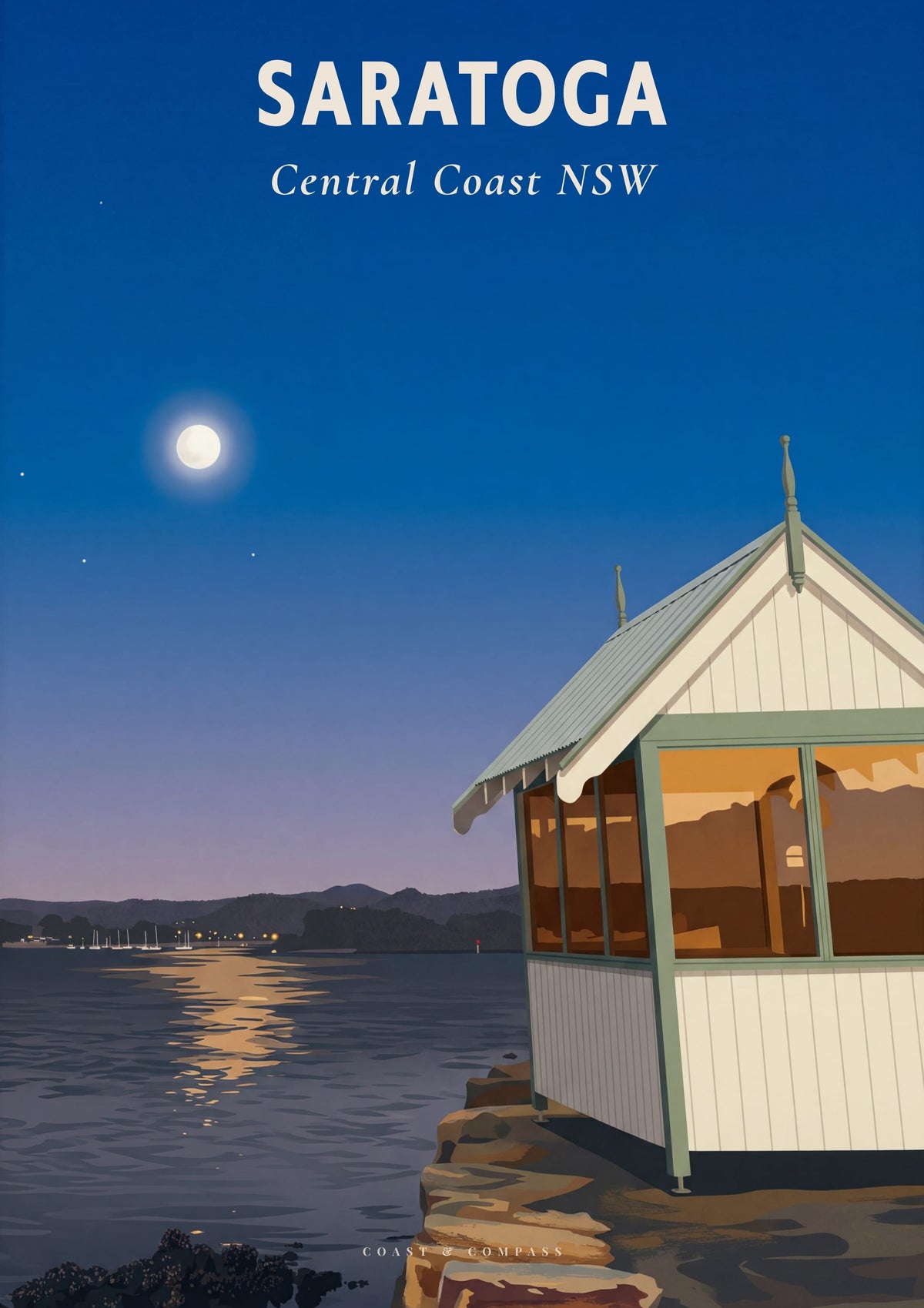 Saratoga travel poster — the moon setting over still water, Central Coast NSW