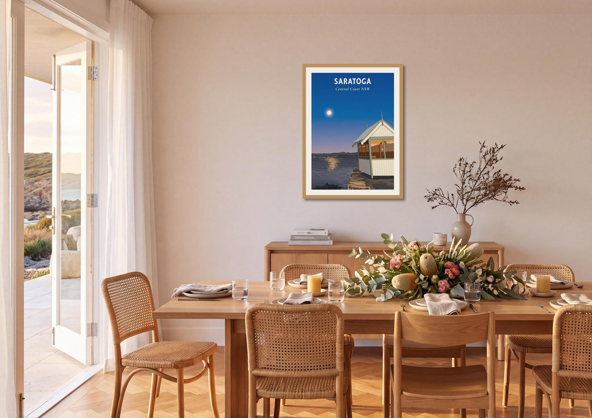 Saratoga travel poster shown at A1 size on a dining room wall