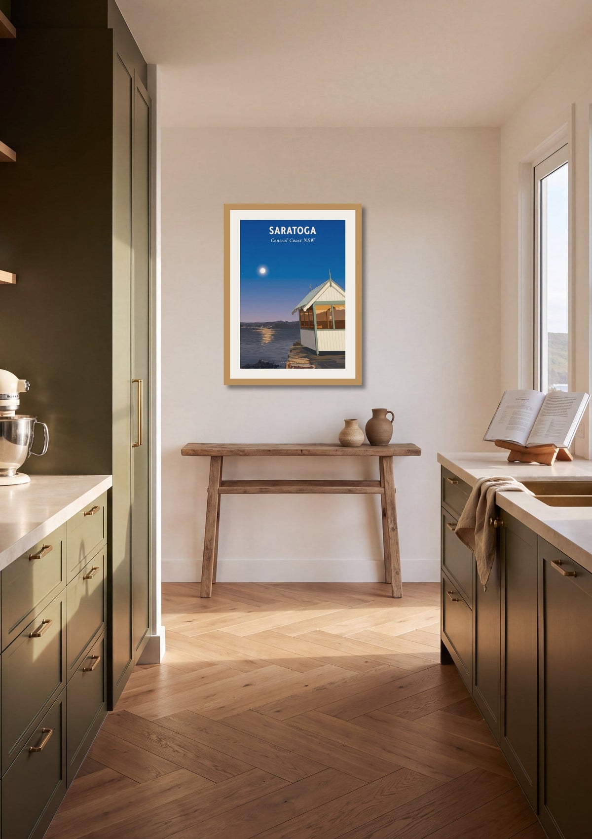 Saratoga travel poster shown at A2 size in a galley kitchen